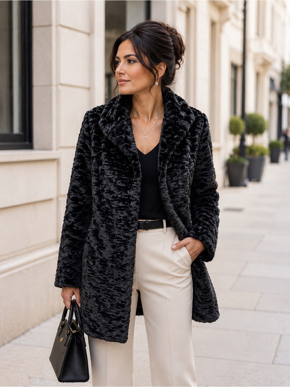 Eliza J Black Chic Faux Fur Snap Teddy Jacket Coat Floral Lined Womens Sz S